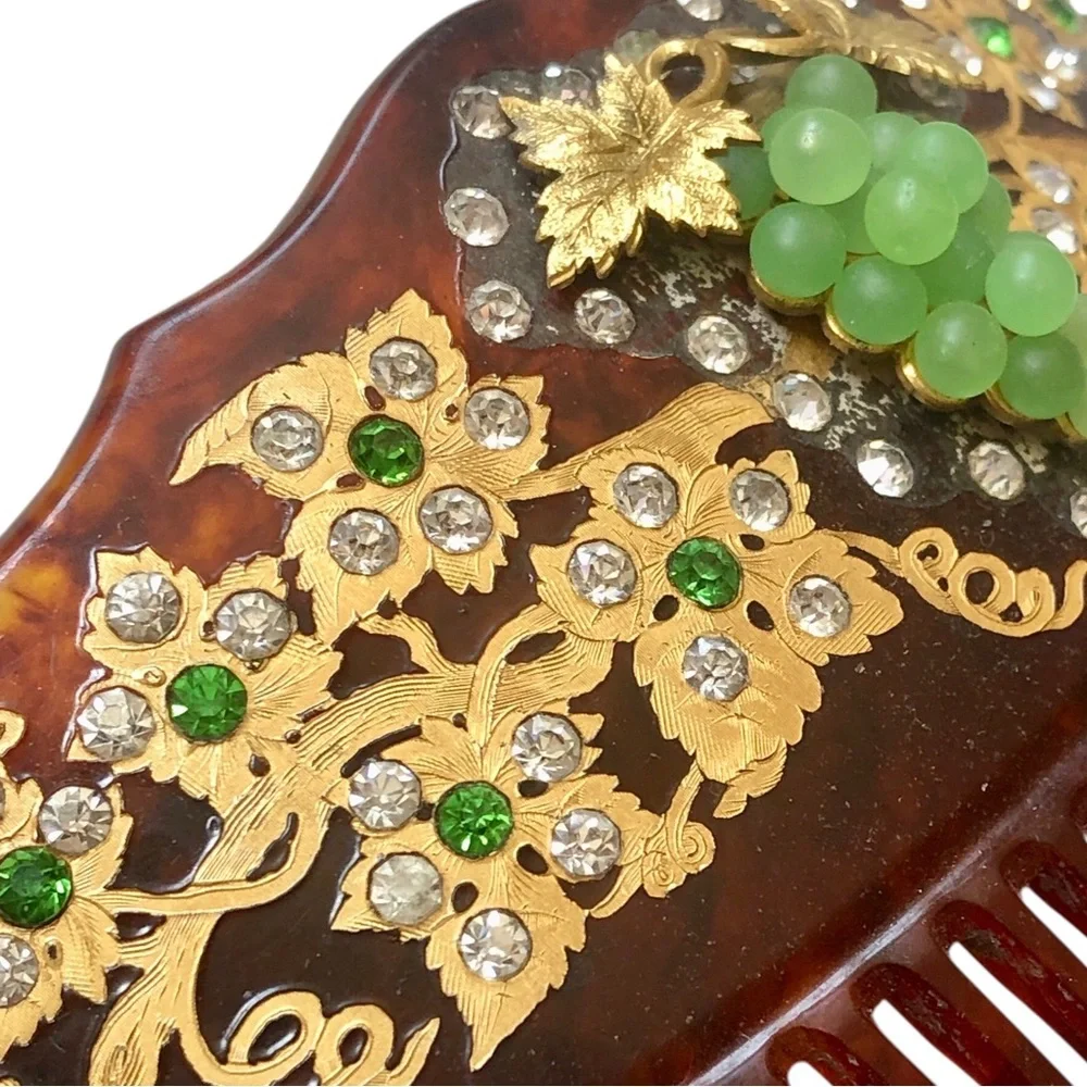 Victorian Celluloid Hair Comb 18K Gold Inlaid Faux Tortoiseshell Pearl Grapes
